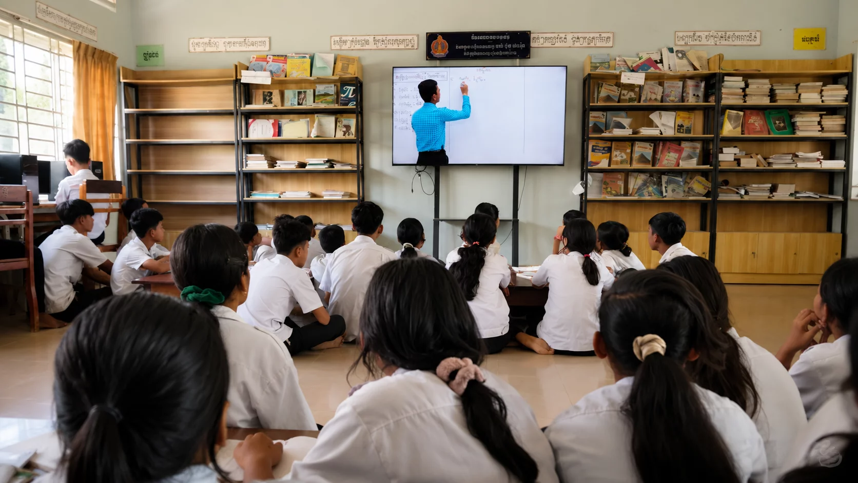 Students in a remote Cambodian school classroom watching an English lesson on a smart TV installed by Khmer Khom