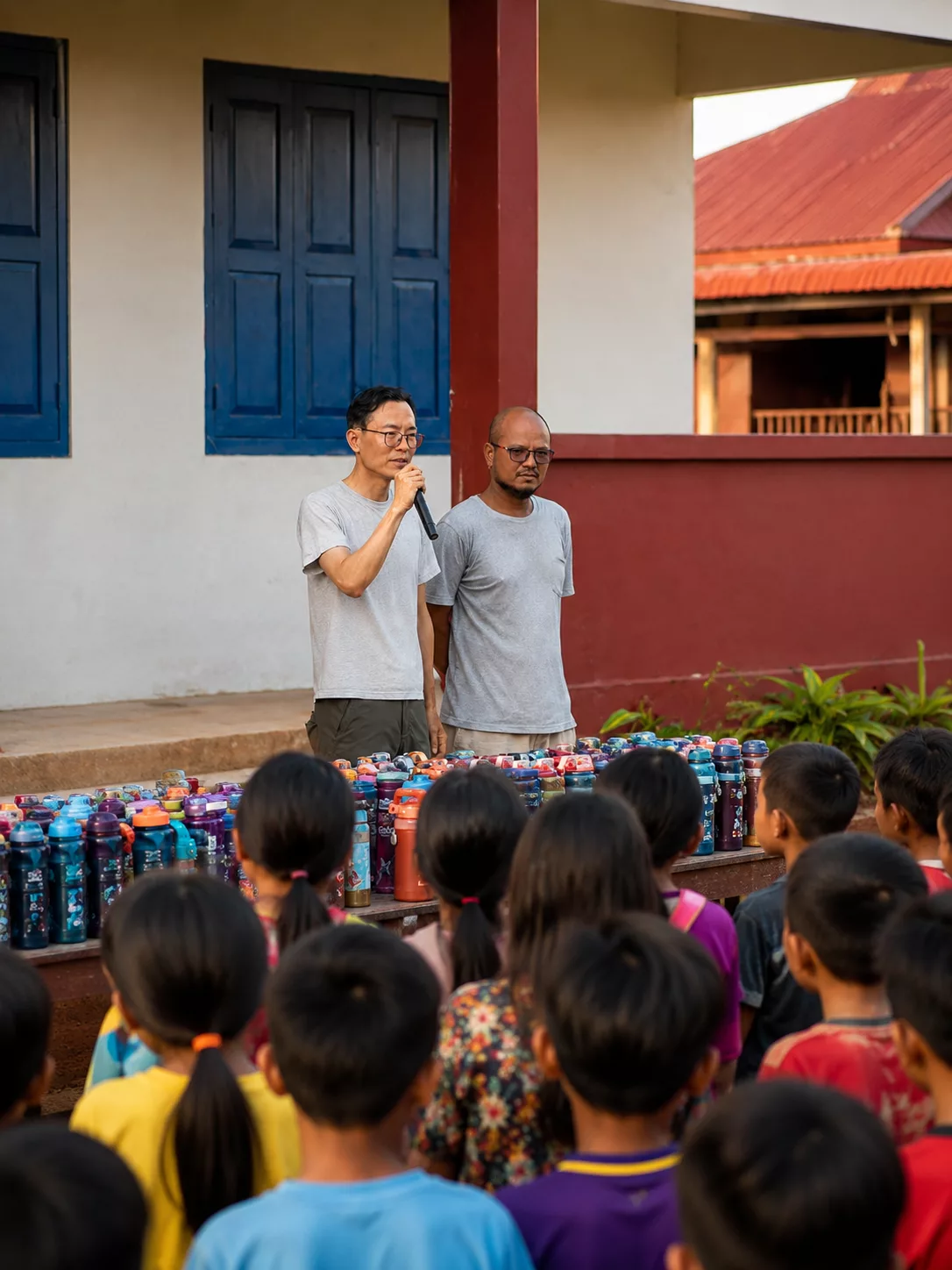Two men speak to students during a school donation event, with colorful water bottles displayed on a table in front of them.