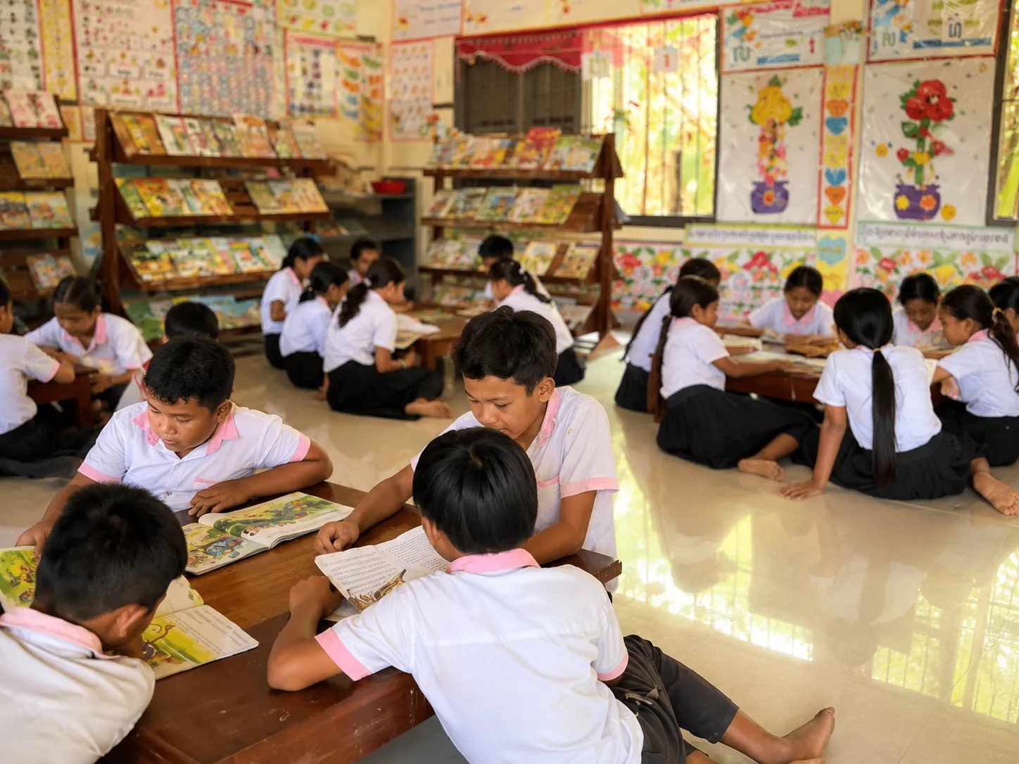 Students learning in groups in a school library.